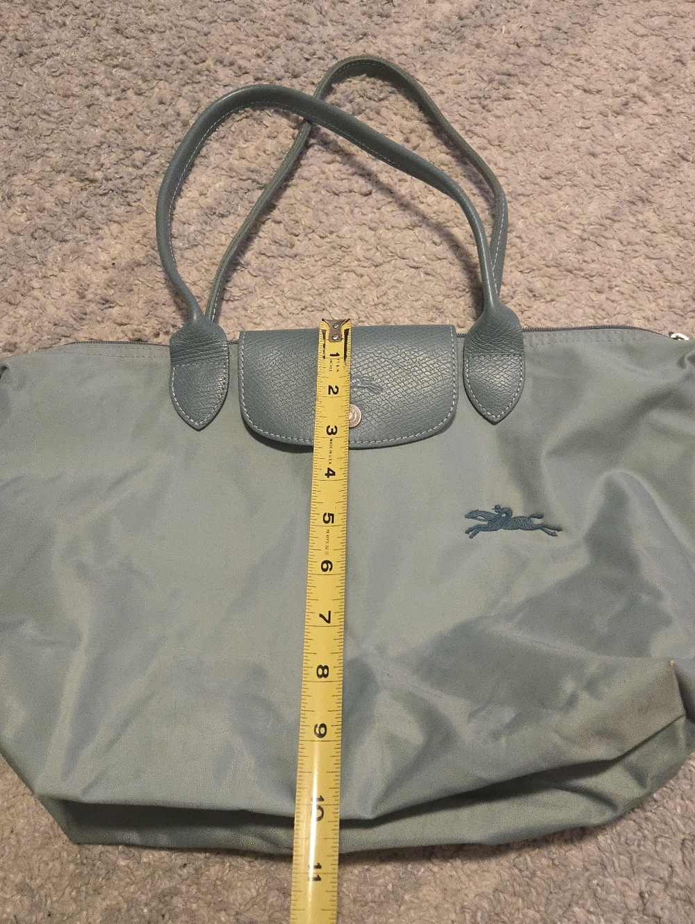 Longchamp Le Pliage Club Medium Shoulder Tote Bag Blue Mist Neon Green Trim - Picture 12 of 15